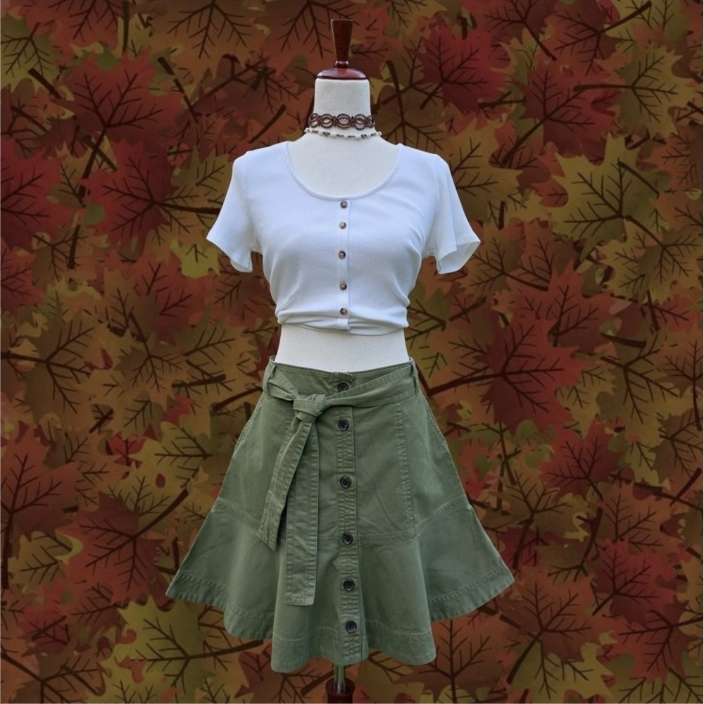 Banana Republic Mini Skirt Sz 10 Green Military Punk Grunge Button Front Belted